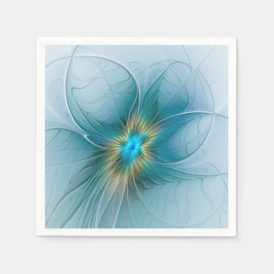 Little Beauty Modern Blue Gold Fractal Art Flower Napkins