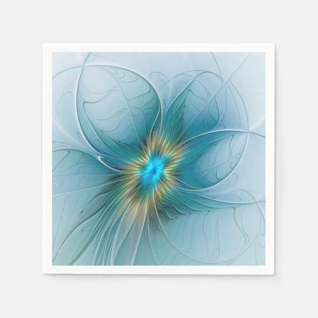 Little Beauty Modern Blue Gold Fractal Art Flower Napkins (Front)