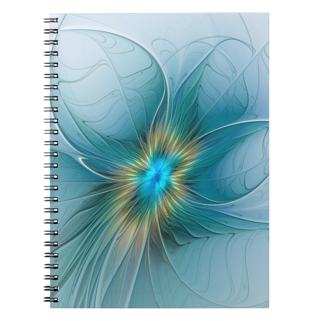 Little Beauty Modern Blue Gold Fractal Art Flower Notebook (Front)
