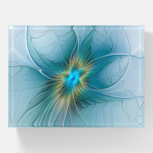 Little Beauty Modern Blue Gold Fractal Art Flower Paperweight (Front)