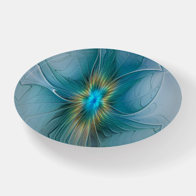 Little Beauty Modern Blue Gold Fractal Art Flower Paperweight (Front)