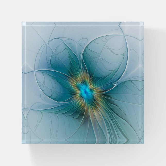 Little Beauty Modern Blue Gold Fractal Art Flower Paperweight (Front)
