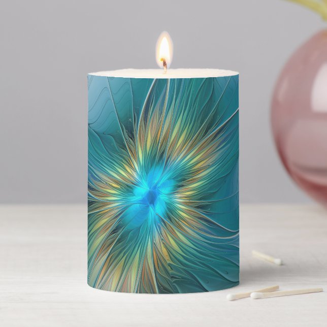 Little Beauty Modern Blue Gold Fractal Art Flower Pillar Candle (In Situ)