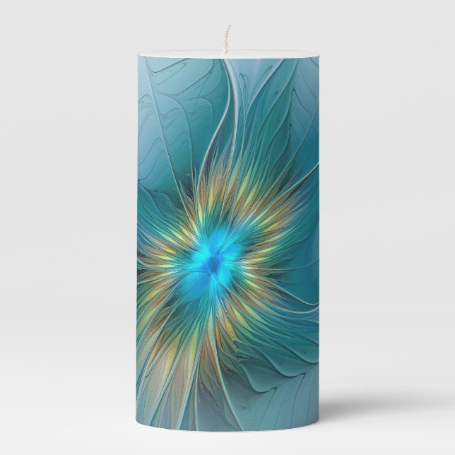 Little Beauty Modern Blue Gold Fractal Art Flower Pillar Candle (Front)