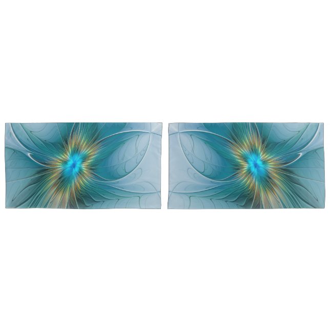 Little Beauty Modern Blue Gold Fractal Art Flower Pillow Case (Front-Set)