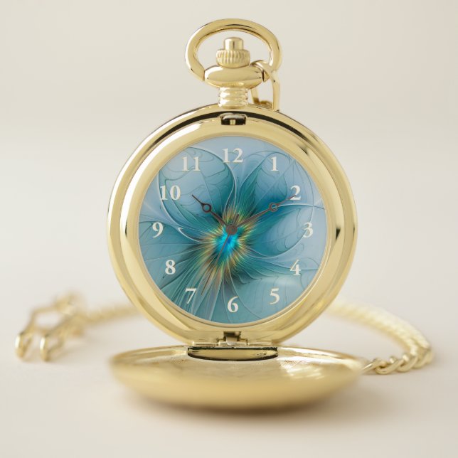 Little Beauty Modern Blue Gold Fractal Art Flower Pocket Watch (Inside)