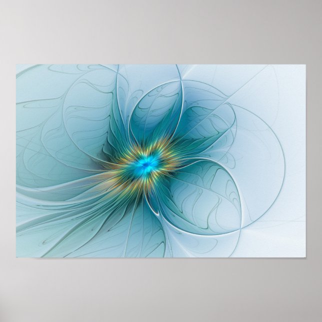 Little Beauty Modern Blue Gold Fractal Art Flower Poster (Front)
