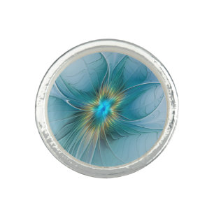 Little Beauty Modern Blue Gold Fractal Art Flower Ring