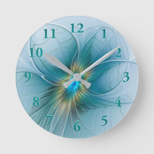Little Beauty Modern Blue Gold Fractal Art Flower Round Clock
