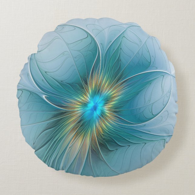 Little Beauty Modern Blue Gold Fractal Art Flower Round Pillow (Front)