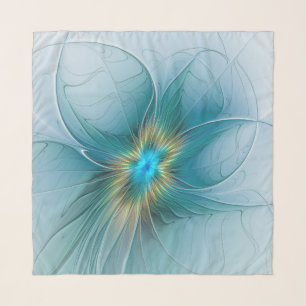 Little Beauty Modern Blue Gold Fractal Art Flower Scarf