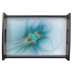 Little Beauty Modern Blue Gold Fractal Art Flower Serving Tray