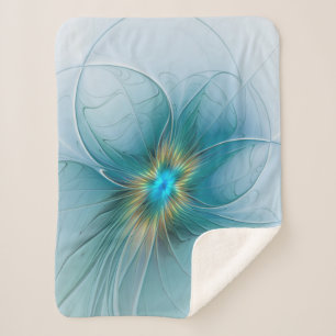 Little Beauty Modern Blue Gold Fractal Art Flower Sherpa Blanket