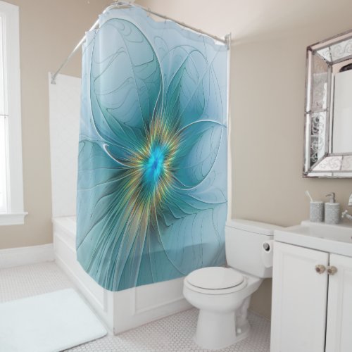 Little Beauty Modern Blue Gold Fractal Art Flower Shower Curtain