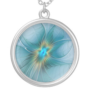 Little Beauty Modern Blue Gold Fractal Art Flower Silver Plated Necklace