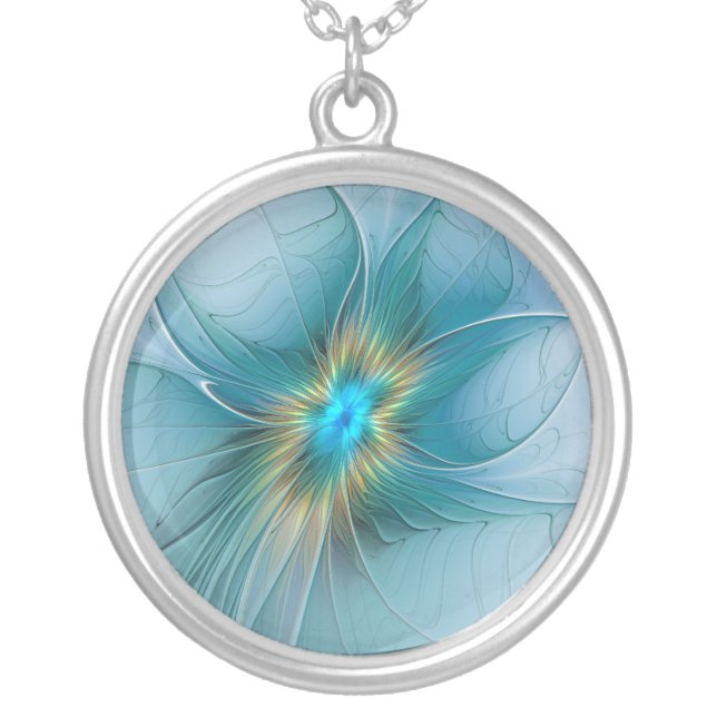Little Beauty Modern Blue Gold Fractal Art Flower Silver Plated Necklace (Front)