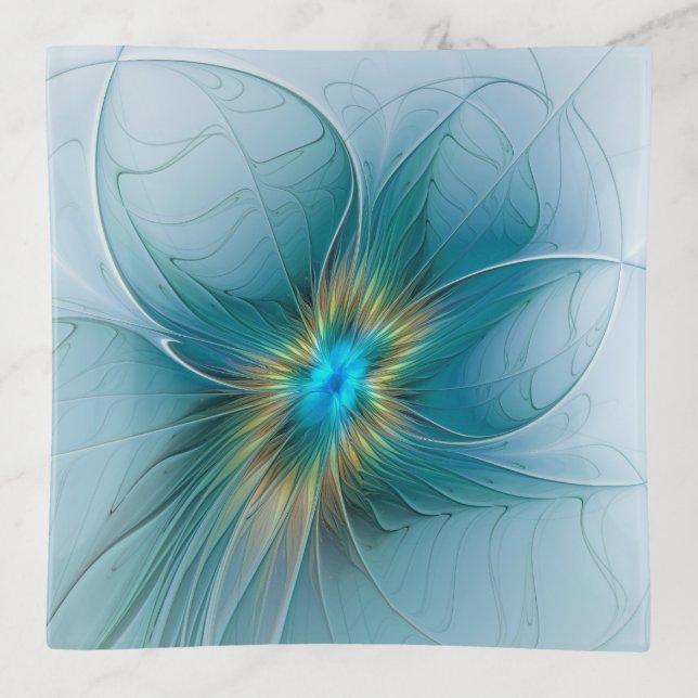 Little Beauty Modern Blue Gold Fractal Art Flower Trinket Tray (Front)