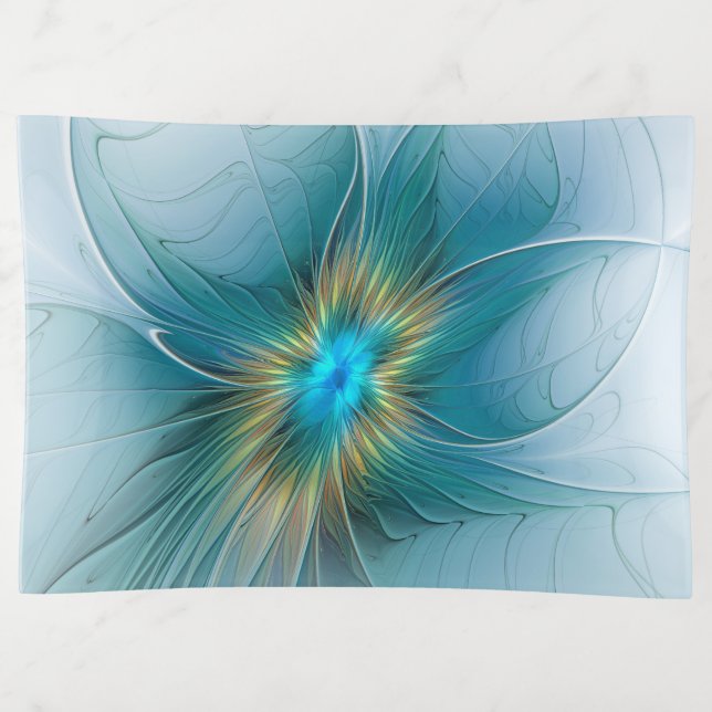 Little Beauty Modern Blue Gold Fractal Art Flower Trinket Tray (Front)