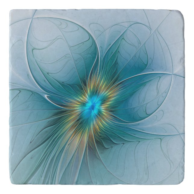 Little Beauty Modern Blue Gold Fractal Art Flower Trivet (Front)