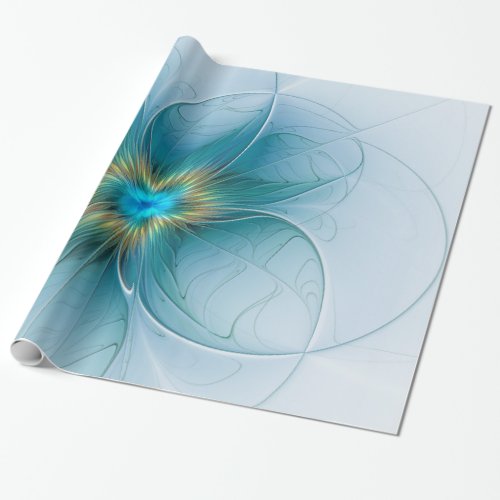 Little Beauty Modern Blue Gold Fractal Art Flower Wrapping Paper