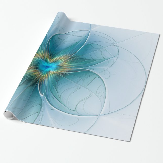 Little Beauty Modern Blue Gold Fractal Art Flower Wrapping Paper (Unrolled)