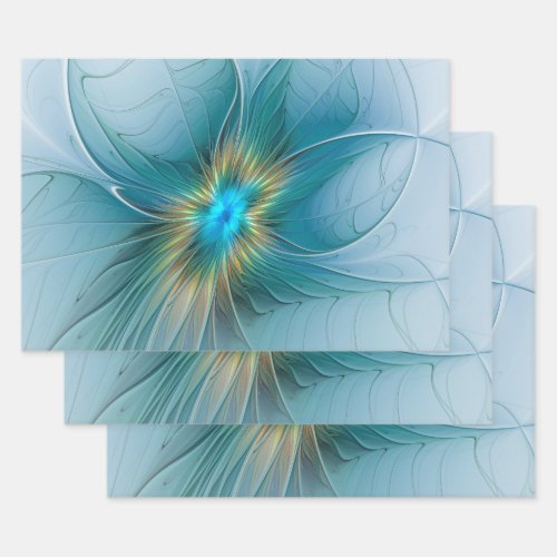 Little Beauty Modern Blue Gold Fractal Art Flower Wrapping Paper Sheets