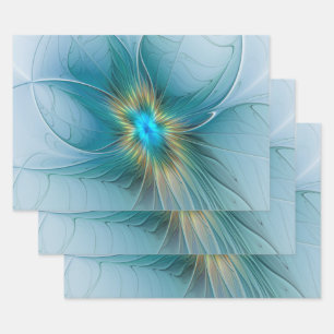 Little Beauty Modern Blue Gold Fractal Art Flower Wrapping Paper Sheets