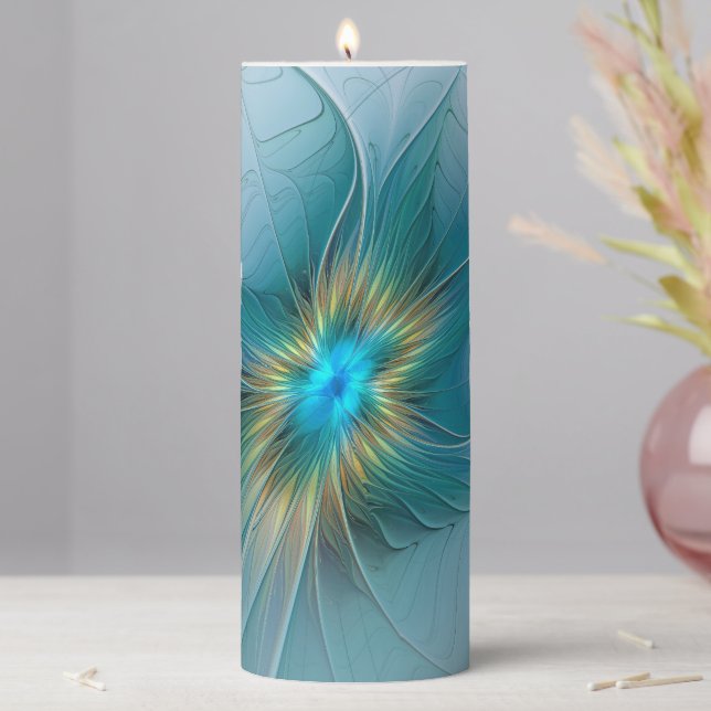Little Beauty Modern Blue Gold Fractal Art Pillar Candle (In Situ)