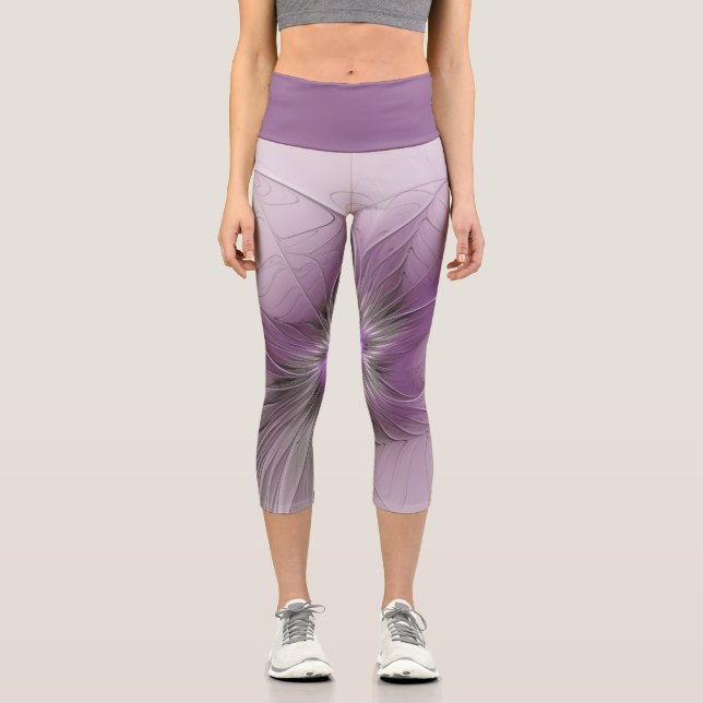 Little Beauty Modern Mauve Gray Fractal Art Flower Capri Leggings (Front)