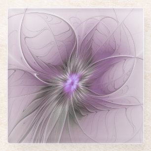 Little Beauty Modern Mauve Gray Fractal Art Flower Glass Coaster
