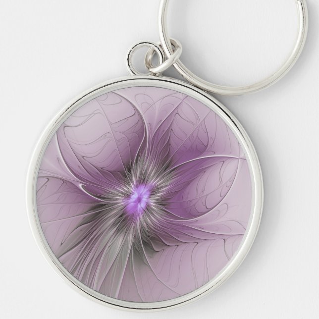 Little Beauty Modern Mauve Gray Fractal Art Flower Keychain (Front)