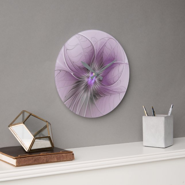Little Beauty Modern Mauve Gray Fractal Art Flower Large Clock (Office)