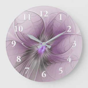 Little Beauty Modern Mauve Gray Fractal Art Flower Large Clock