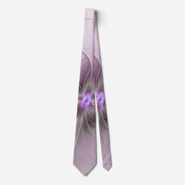 Little Beauty Modern Mauve Gray Fractal Art Flower Neck Tie (Front)