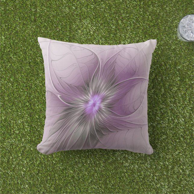 Little Beauty Modern Mauve Gray Fractal Art Flower Outdoor Pillow (Grass)