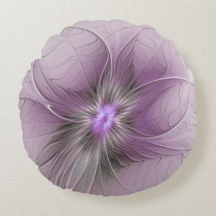 Little Beauty Modern Mauve Gray Fractal Art Flower Round Pillow