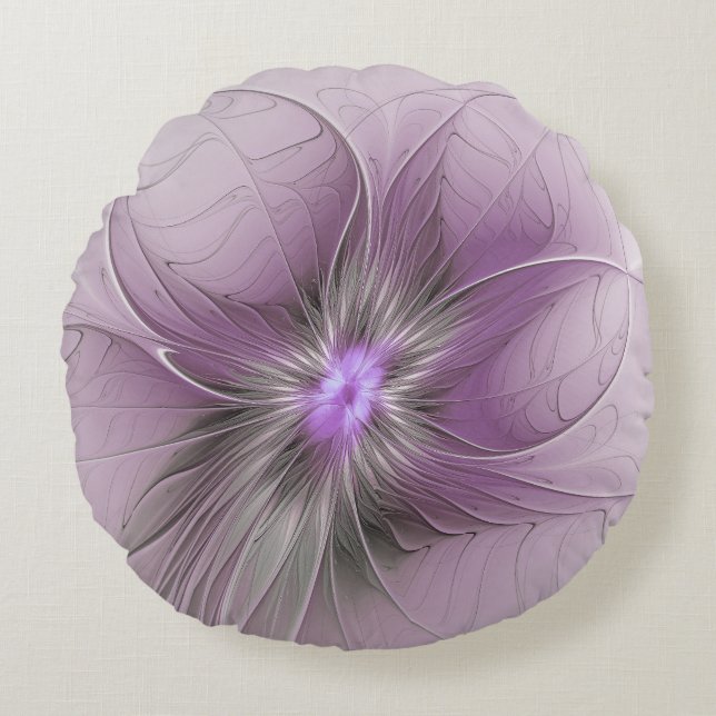 Little Beauty Modern Mauve Gray Fractal Art Flower Round Pillow (Front)
