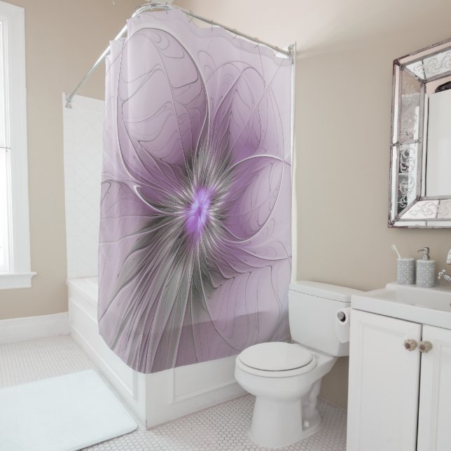 Little Beauty Modern Mauve Gray Fractal Art Flower Shower Curtain (In Situ)