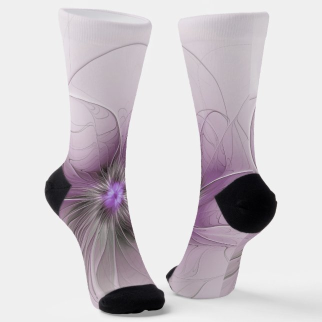 Little Beauty Modern Mauve Gray Fractal Art Flower Socks (Angled)