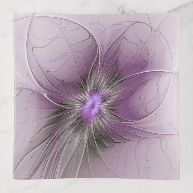 Little Beauty Modern Mauve Gray Fractal Art Flower Trinket Tray (Front)