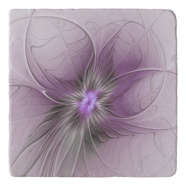 Little Beauty Modern Mauve Gray Fractal Art Flower Trivet (Front)