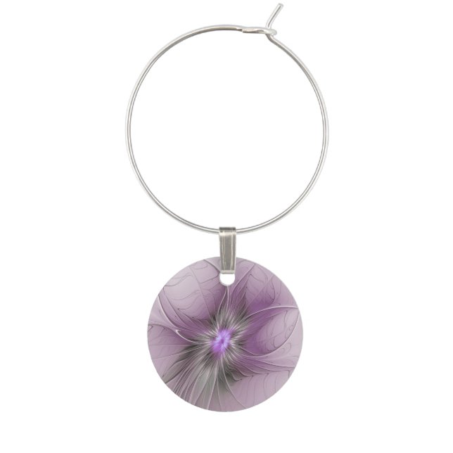 Little Beauty Modern Mauve Gray Fractal Art Flower Wine Charm (Front)