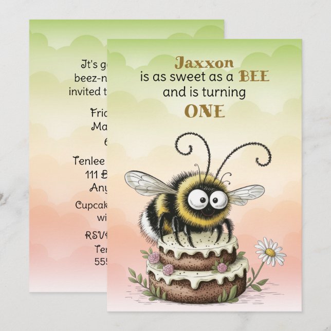 Little Bee Baby Boy First Birthday Invitation (Front/Back)