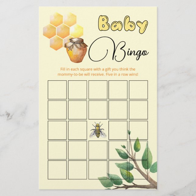 Little Bee Baby Shower Bingo Game (Front)