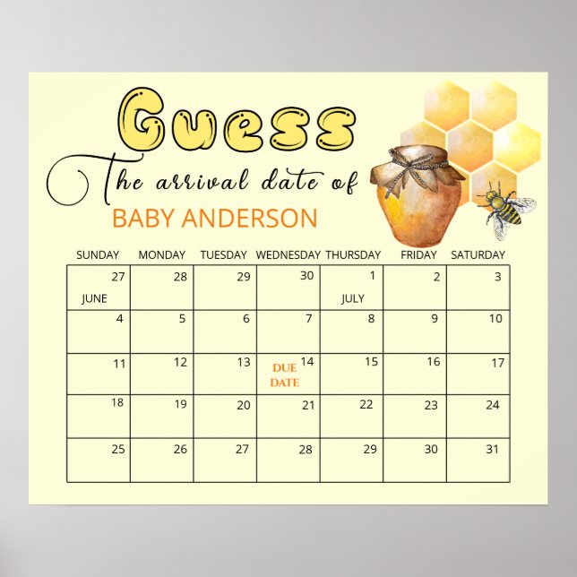 Little Bee Baby Shower Guess Due Date Calendar Pos Poster (Front)