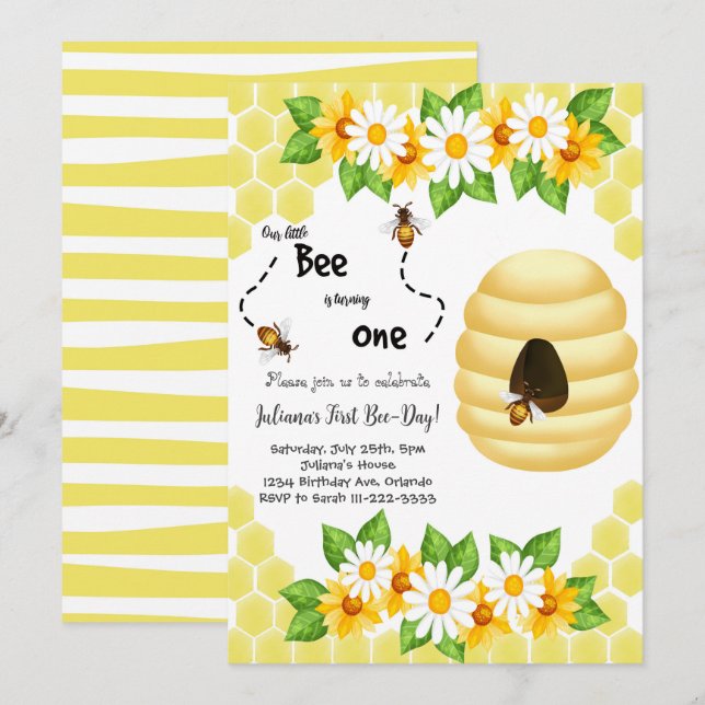 Little Bee First Bee-Day 1st Birthday Invitation (Front/Back)