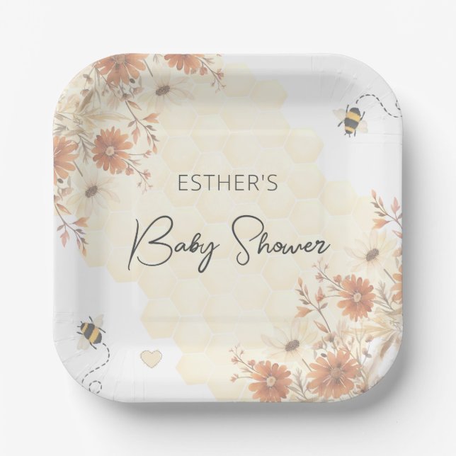 Little Bee Honey Boho Wildflower Baby Shower Paper Plates (Front)