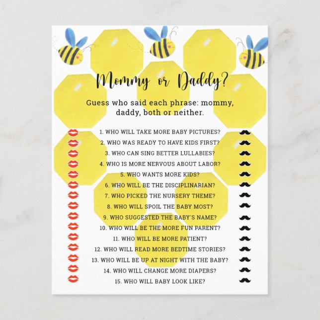 Little Bee - mommy or daddy baby shower game (Front)