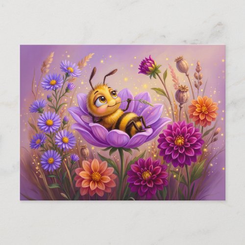 Little bee resting on flower with autumn dahlias postcard
