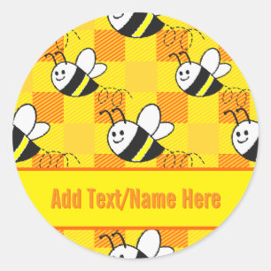 Little Bee Yellow and Orange Plaid Custom Name Classic Round Sticker